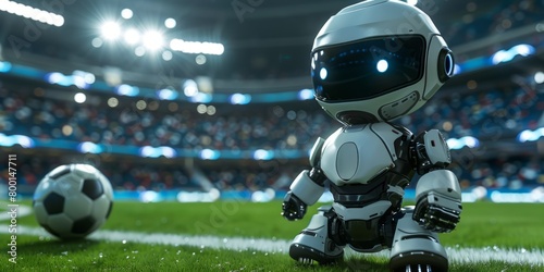 robot playing a soccer match in a pitch of a stadium full of supports photo