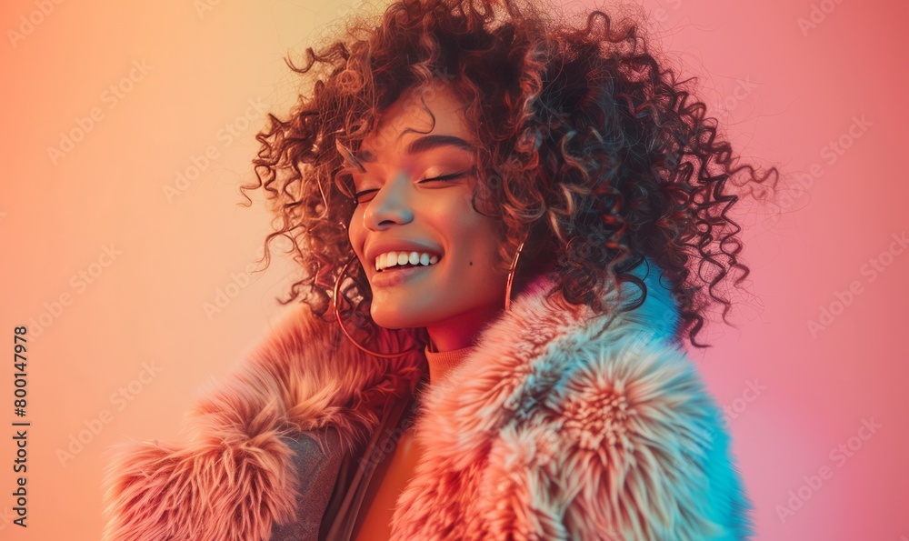 Happy woman wearing faux fur coat against gradient background