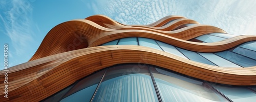 abstract building with wooden facade pattern on a blue sky background, flowing shapes, smooth architecture, and parametric walls.