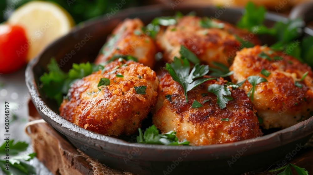 Homemade fried cutlets with parsley in pan, closeup Homemade fried cutlets with parsley in pan, closeup