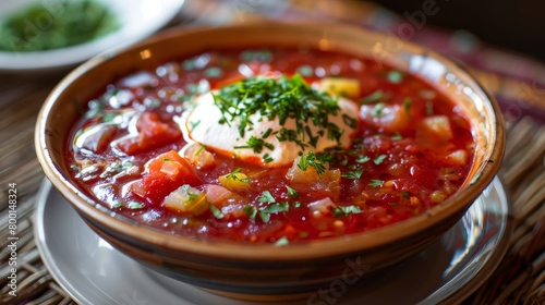 Ukrainian red borscht with sour cream and parsley photo
