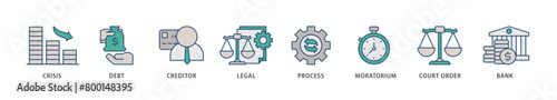 Bankruptcy icons set collection illustration of bank ,court order, legal, moratorium, process, creditor, debt, crisis icon live stroke and easy to edit 