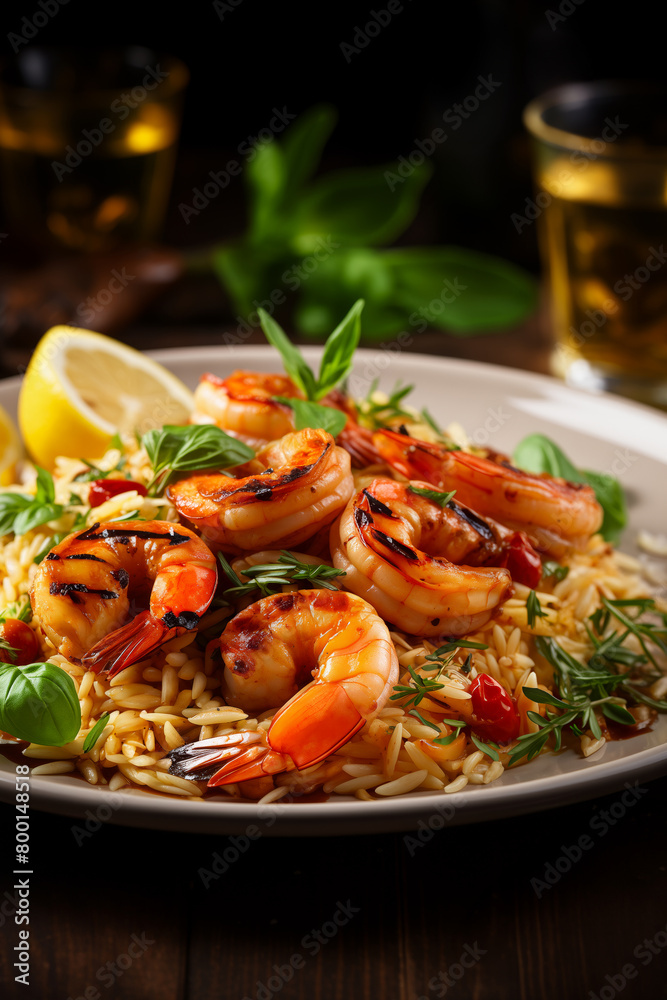 Grilled shrimp and orzo pasta salad with herb and tomatoes on a plate. Vertical, side view on dark background. Grilled shrimp and orzo pasta salad with herb and tomatoes on a plate. Vertical, side view on dark background.