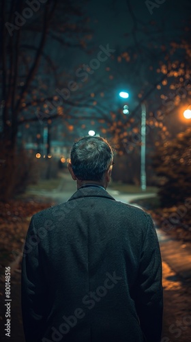 The back of a middle-aged man on the roadside at night