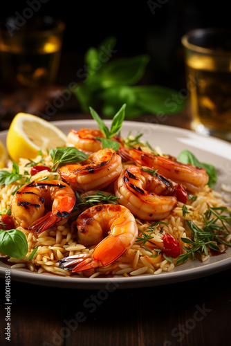 Grilled shrimp and orzo pasta salad with herb and tomatoes on a plate. Vertical, side view on dark background.