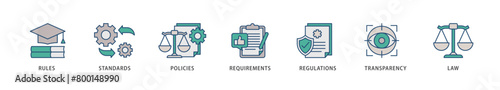 Compliance icons set collection illustration of law, requirements, transparency, regulations, policies, standards, rules icon live stroke and easy to edit 