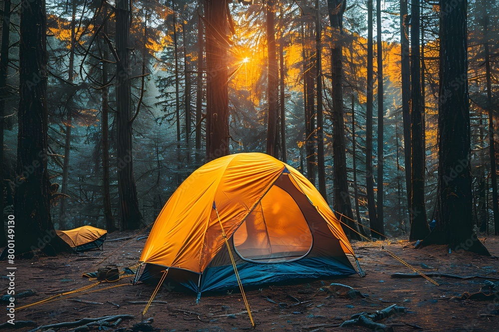 Serene Sunset Camping in Misty Forest with Illuminated Tent