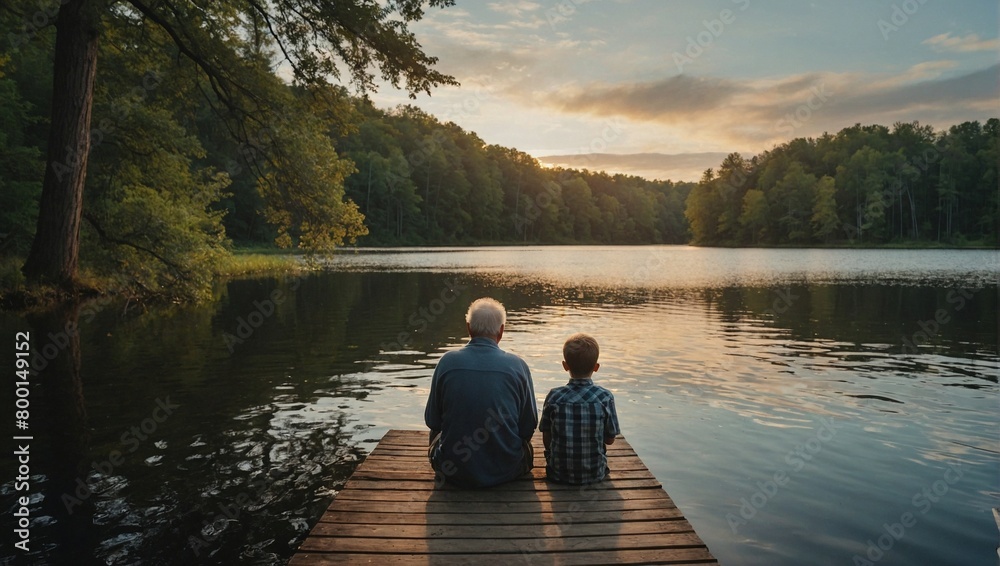 Nostalgic and memorable image of a Grandfather and 12 year old Grandson sitting together in nature on a dock overlooking a beautiful lake Nostalgic and memorable image of a Grandfather and 12 year old Grandson sitting together in nature on a dock overlooking a beautiful lake
