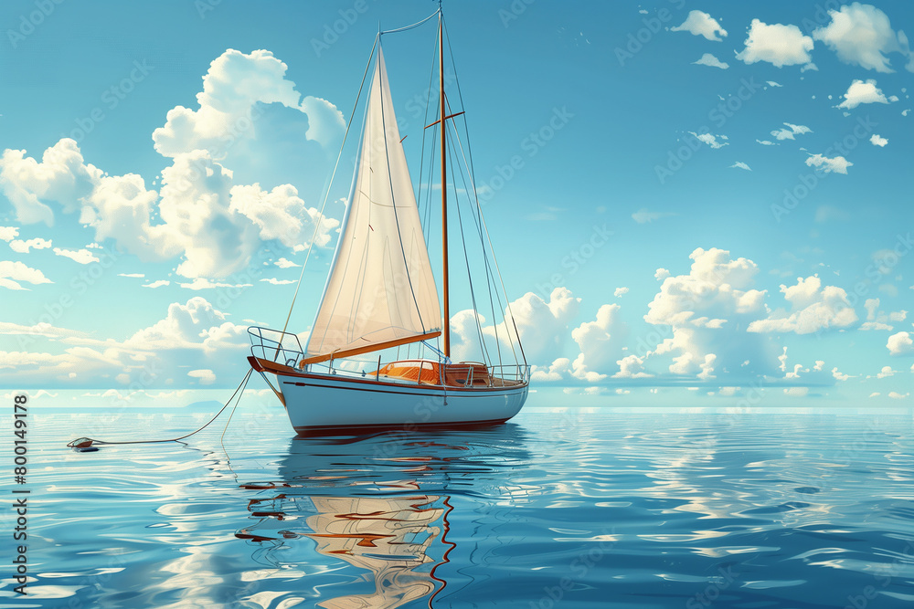 Scenic view of sailboat with wooden deck and mast with rope floating Scenic view of sailboat with wooden deck and mast with rope floating