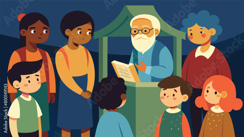 Children eagerly gather around the booth listening intently as their elders share the struggles and triumphs of their ancestors journey to freedom.. Vector illustration