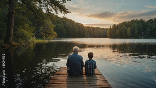 Nostalgic and memorable image of a Grandfather and 12 year old Grandson sitting together in nature on a dock overlooking a beautiful lake