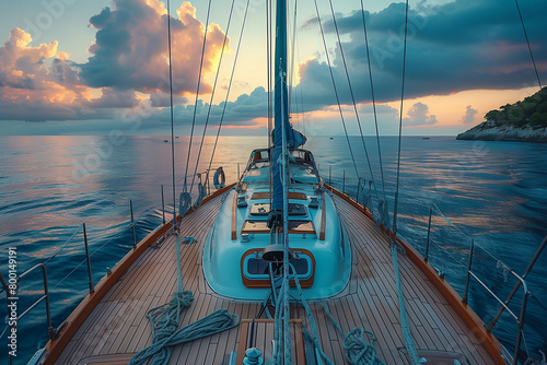 Scenic view of sailboat with wooden deck and mast with rope floating