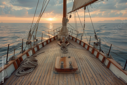 Scenic view of sailboat with wooden deck and mast with rope floating photo