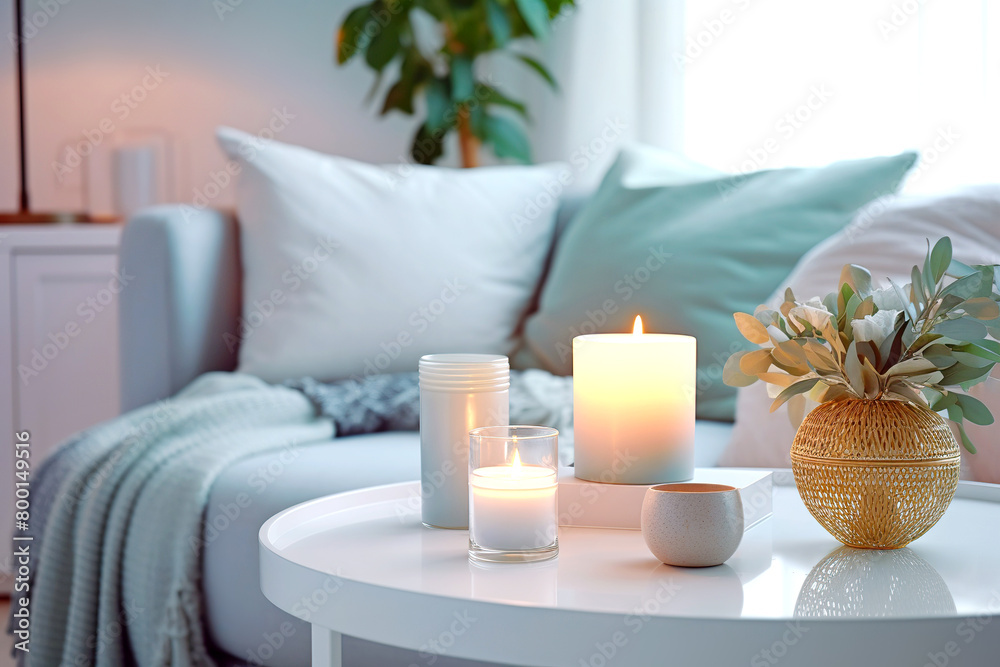 Close up of candles on white coffee table near blue sofa. Scandinavian home interior design of modern living room. Close up of candles on white coffee table near blue sofa. Scandinavian home interior design of modern living room.