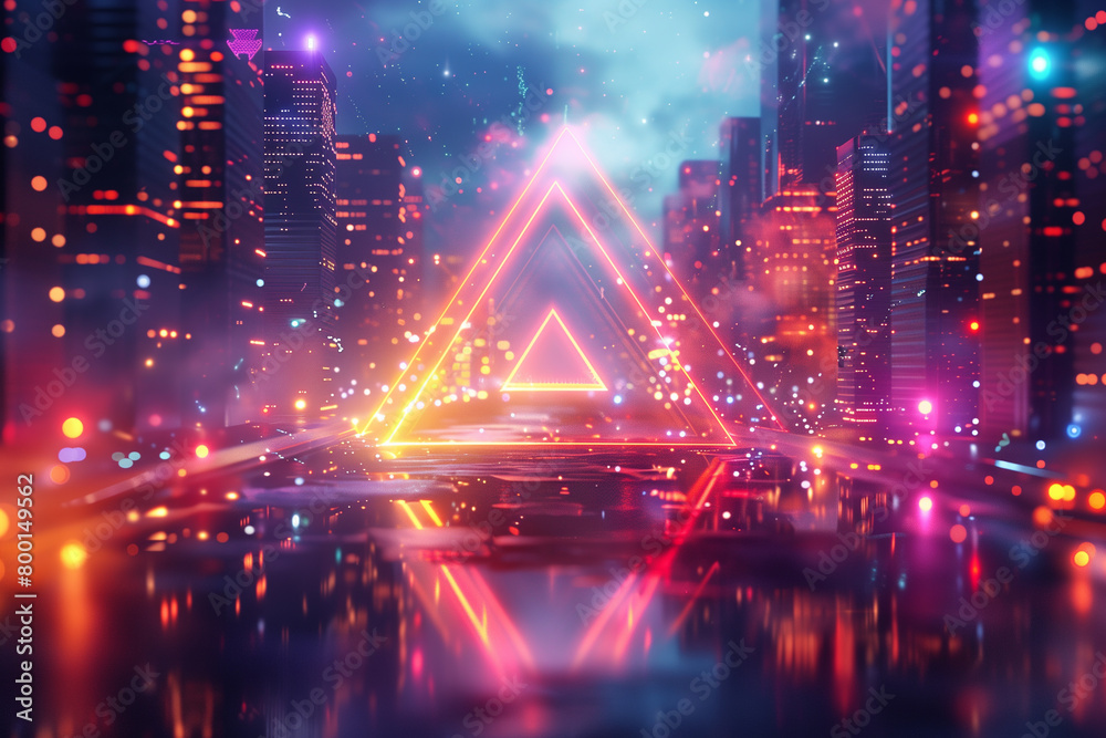 Abstract illustration of geometric shapes and structures in colorful neon colors and lights in cyberspace against dark background, 3d, illustration Abstract illustration of geometric shapes and structures in colorful neon colors and lights in cyberspace against dark background, 3d, illustration