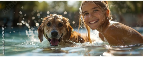 funny image of a girl in the pool splashing water at her dog