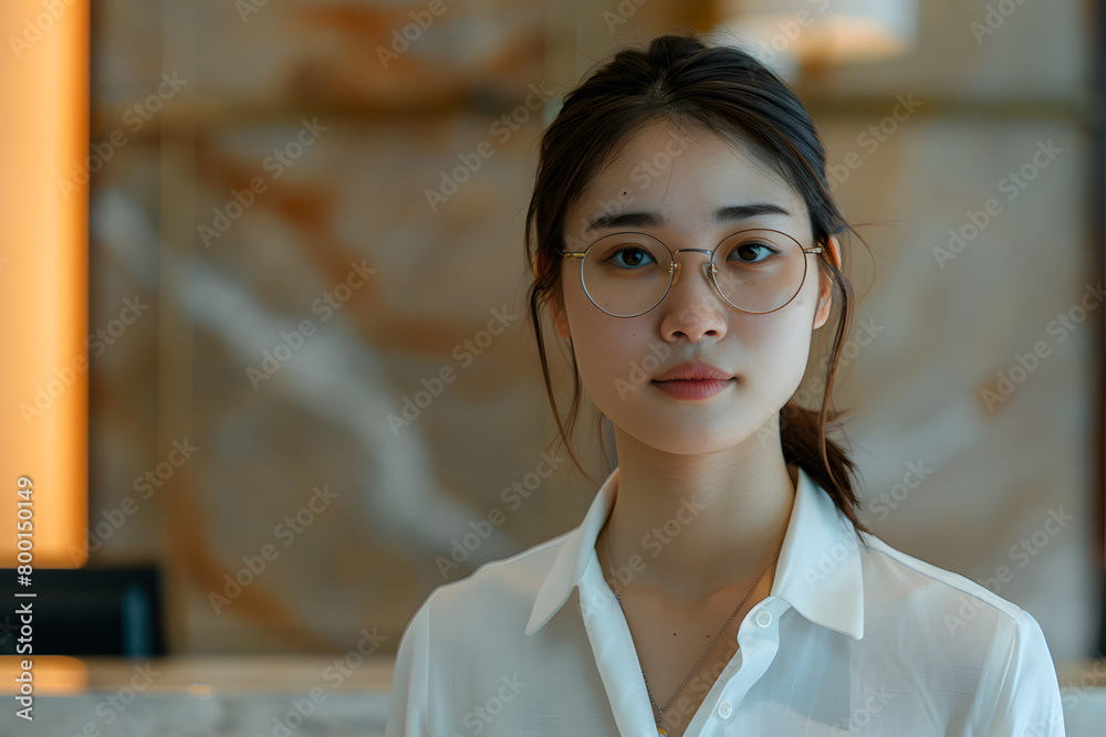 Portrait of receptionist at desk in lobby Portrait of receptionist at desk in lobby