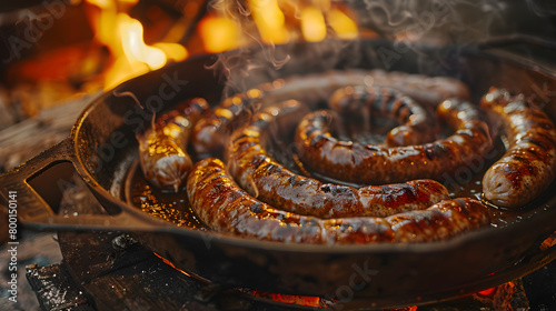 Rustic Cooking Style - Sausages Sizzling on Traditional Cast Iron Grill Pan Over Classic Stove