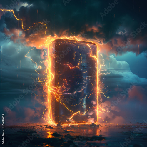 Smartphone struck by lightning under a stormy sky. photo