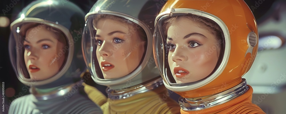 Three people wearing science fiction costumes for a retro television show or movie.
