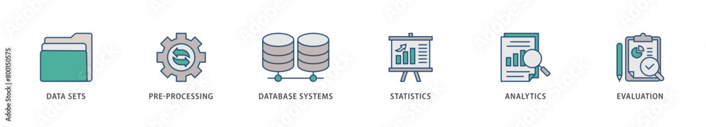Data mining icons set collection illustration of data sets, pre processing, database systems, statistics, analytics and evaluation icon live stroke and easy to edit Data mining icons set collection illustration of data sets, pre processing, database systems, statistics, analytics and evaluation icon live stroke and easy to edit