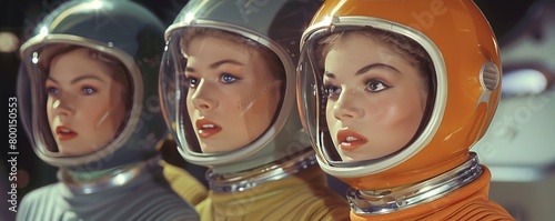Three people wearing science fiction costumes for a retro television show or movie.