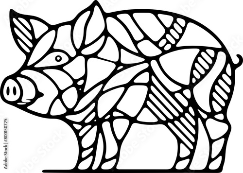 Animal mandala cochon ou sanglier dessin animé style cartoon pour page ou livre de coloriage pour enfant. Isolé du fond, dessin au trait noir totalement transparent et prêt a colorier et ajuster