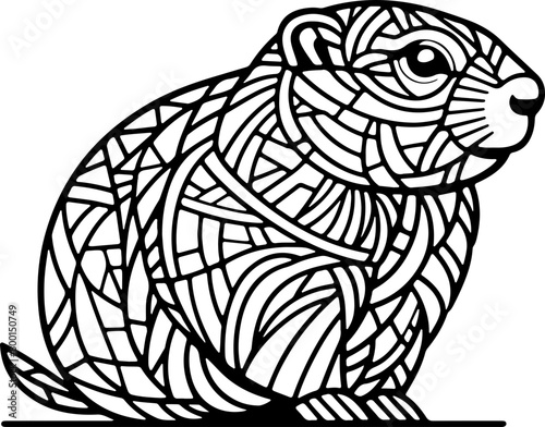 Animal mandala rongeur ragondin dessin animé style cartoon pour page ou livre de coloriage pour enfant. Isolé du fond, dessin au trait noir totalement transparent et prêt a colorier et ajuster