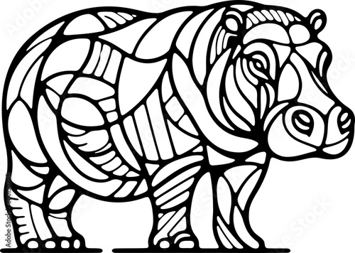 Animal mandala  hippopotame dessin animé style cartoon pour page ou livre de coloriage pour enfant. Isolé du fond, dessin au trait noir totalement transparent et prêt a colorier et ajuster