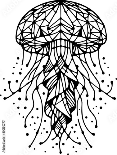 Animal mandala méduse dessin animé style cartoon pour page ou livre de coloriage pour enfant. Isolé du fond, dessin au trait noir totalement transparent et prêt a colorier et ajuster