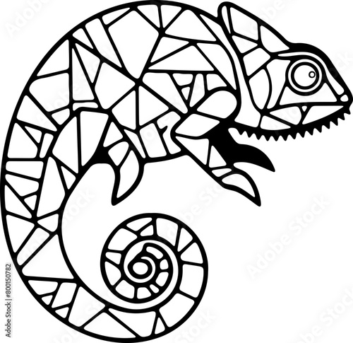 Animal mandala caméléon dessin animé style cartoon pour page ou livre de coloriage pour enfant. Isolé du fond, dessin au trait noir totalement transparent et prêt a colorier et ajuster