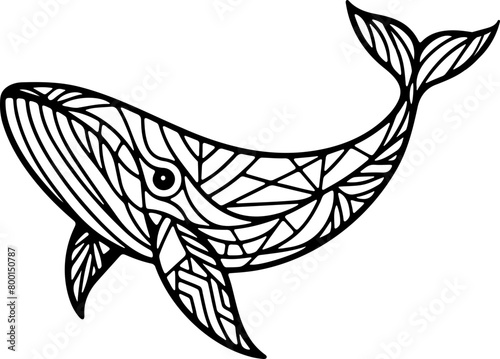 Animal mandala baleine dessin animé style cartoon pour page ou livre de coloriage pour enfant. Isolé du fond, dessin au trait noir totalement transparent et prêt a colorier et ajuster