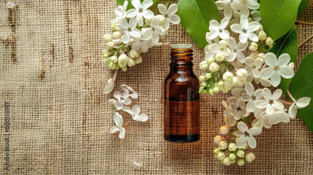 essential oil of white lilac on burlap background. selective focus essential oil of white lilac on burlap background. selective focus