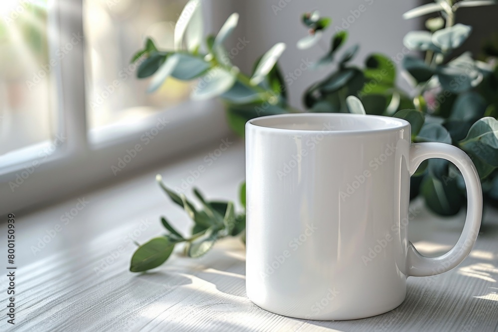 White Blank Mug Mockup in Photographic Scene created with Generative AI White Blank Mug Mockup in Photographic Scene created with Generative AI