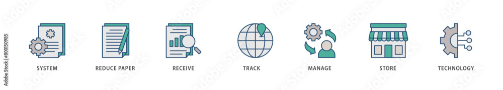 Document management icons set collection illustration of system, reduce paper, receive, track, manage, store, cloud and technology icon live stroke and easy to edit Document management icons set collection illustration of system, reduce paper, receive, track, manage, store, cloud and technology icon live stroke and easy to edit