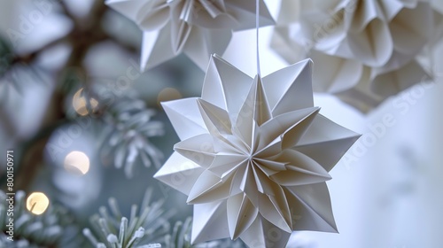 Paper Star and Ball Decoration. Handmade Christmas Nordic Decoration on white Background photo