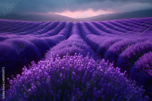 Majestic Lavender Fields at Sunset with Purple Hues and Rolling Hills
