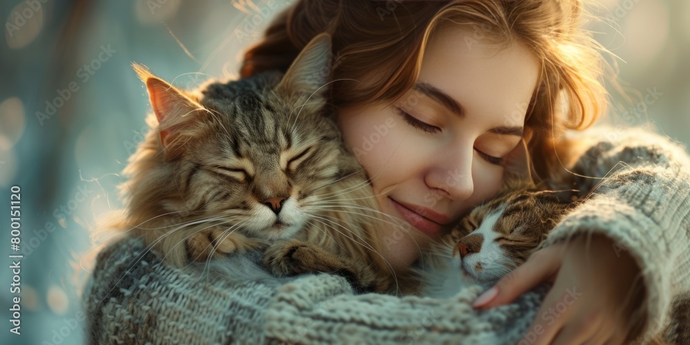 Portrait of a beautiful woman hugging a cat Portrait of a beautiful woman hugging a cat