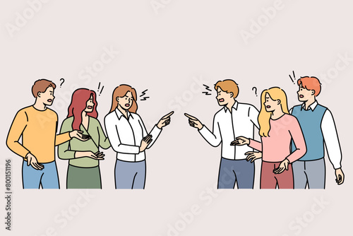Sorra two teams of business people working in different departments of corporation, expressing mutual reproaches. Conflict and quarrel between men and women experiencing emotions and unable to agree