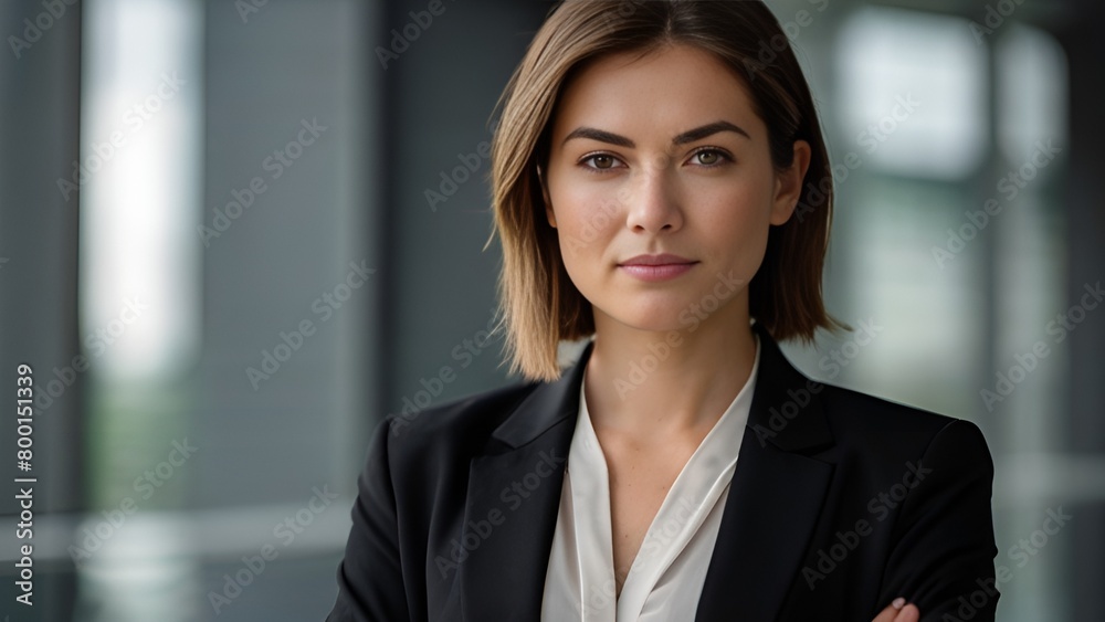 Portrait of a middle-aged businesswoman, Smiling confidently, CEO, stands in her office with arms crossed. Professional, proud, and confident leader in a black suit. Portrait of a middle-aged businesswoman, Smiling confidently, CEO, stands in her office with arms crossed. Professional, proud, and confident leader in a black suit.