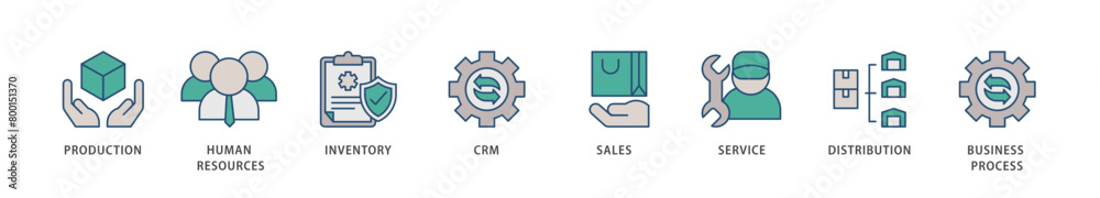 Enterprise resource planning icons set collection illustration of production, human resources, inventory, crm, sales, service icon live stroke and easy to edit 