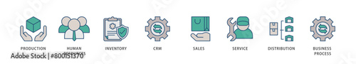 Enterprise resource planning icons set collection illustration of production, human resources, inventory, crm, sales, service icon live stroke and easy to edit 