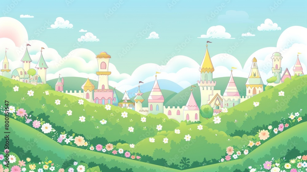Naklejka premium Enchanting Fairytale Landscape with Magical Castles and Lush Greenery