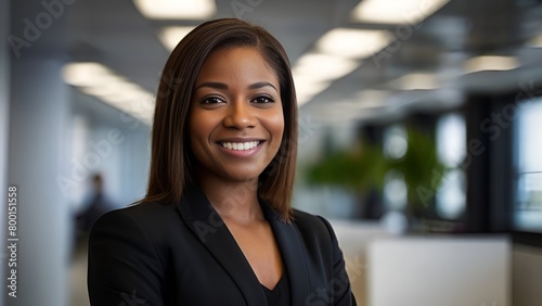 Portrait of a middle-aged black businesswoman, Smiling confidently, CEO, stands in her office with arms crossed. Professional, proud, and confident leader in a black suit.