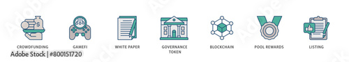 IGO icons set collection illustration of crowdfunding, gamefi, white paper, governance token, blockchain, pool rewards and listing icon live stroke and easy to edit 