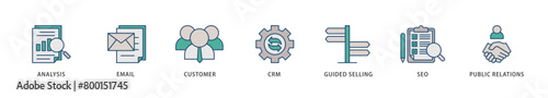 Inbound marketing icons set collection illustration of analysis, email, customer, crm, guided selling, seo and public relations icon live stroke and easy to edit 