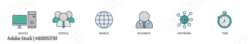 Internet of things icons set collection illustration of device, people, world, business, network and time icon live stroke and easy to edit 