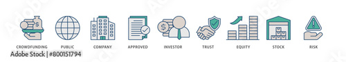 Ipo icons set collection illustration of crowdfunding, public company, approved, investor, trust, equity, stock and risk icon live stroke and easy to edit 