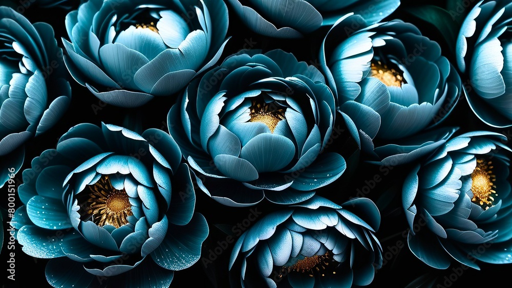 Obraz premium illuminated vibrant blue flowers with golden centers against dark background. concepts: wallpaper for device backgrounds, advertising in digital or print ads related to beauty, nature or tranquility