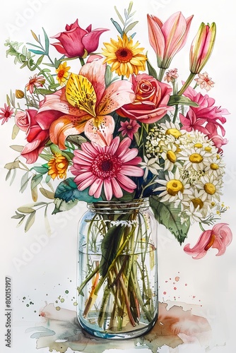 watercolor floral bouquet in vase, white background. ai generated